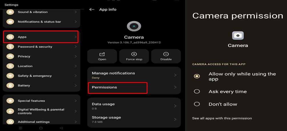 Verifique as permissões necessárias para a câmera