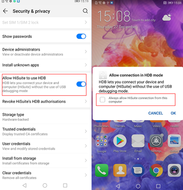 Permitir que o HiSuite use HDB