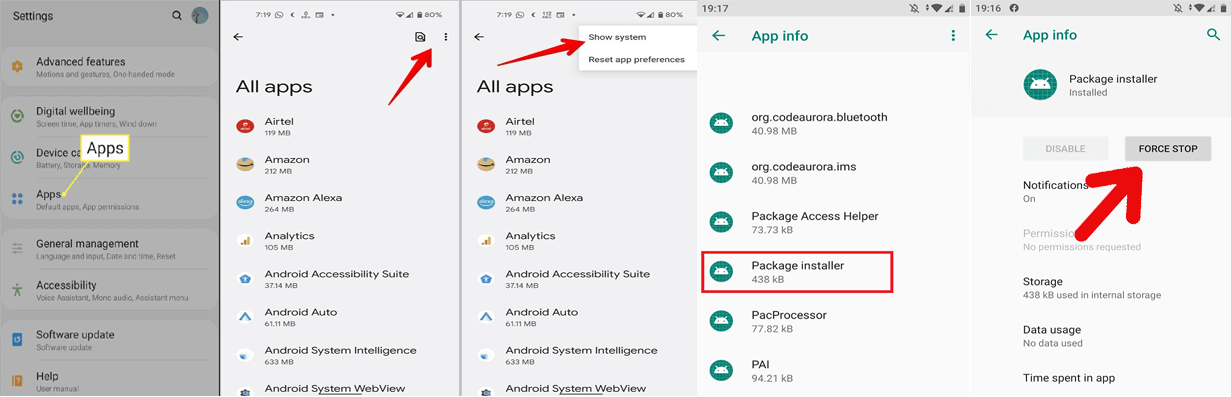 instalador de pacote parou