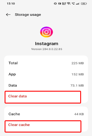 limpe o cache e os dados do Instagram